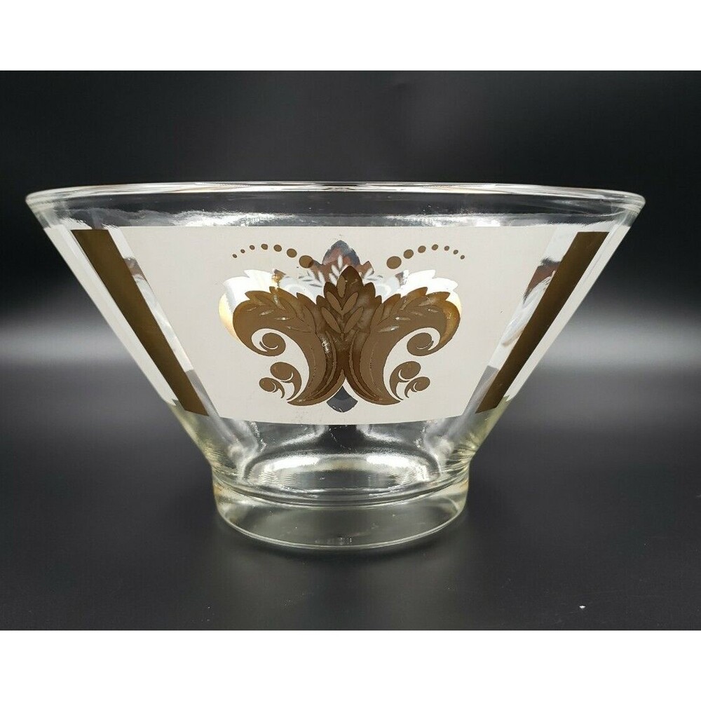 Vintage Anchor Hocking Bowl Gold Fleur De Lis MCM Atomic Era Large Serving Chip